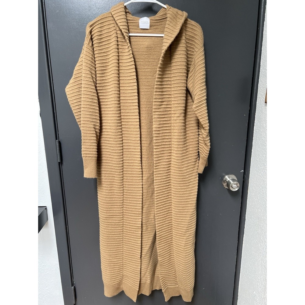 Madeleine Thompson Women Sz XL Tan Ribbed Duster Hooded Cardigan Long Sleeve